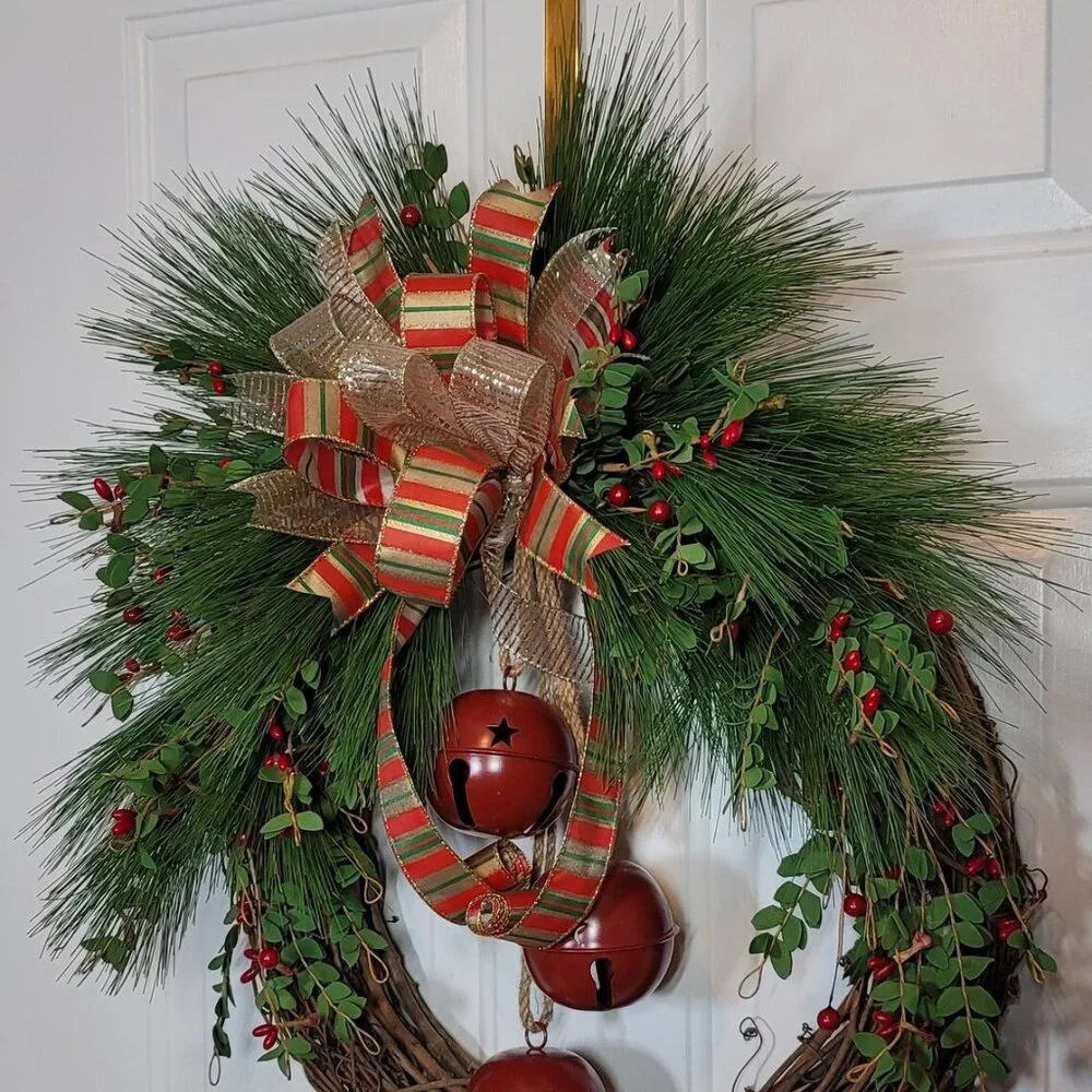Red Bells, Berries Pine Wreath, Winter Holiday Bells Wreath, Hand Crafted